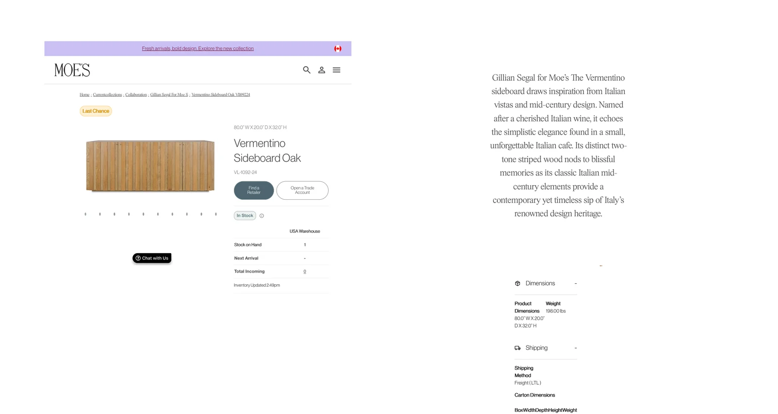 First page of the Vermentino sideboard product copy PDF
